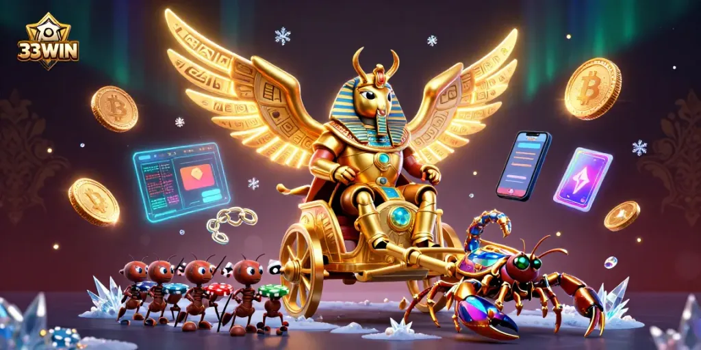 Engage in thrilling gameplay with vibrant 33WIN casino characters and crypto elements.