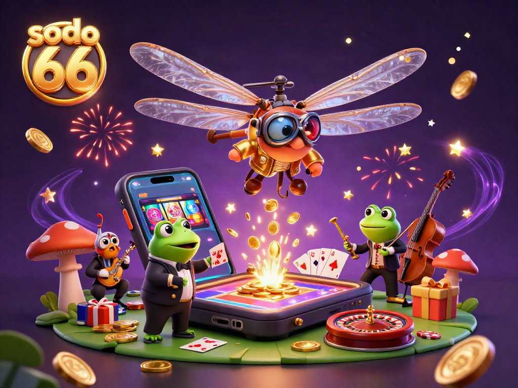 Sodo 66 players enjoy an exciting scene with vibrant casino elements featuring a dragonfly pilot and frog dealer.